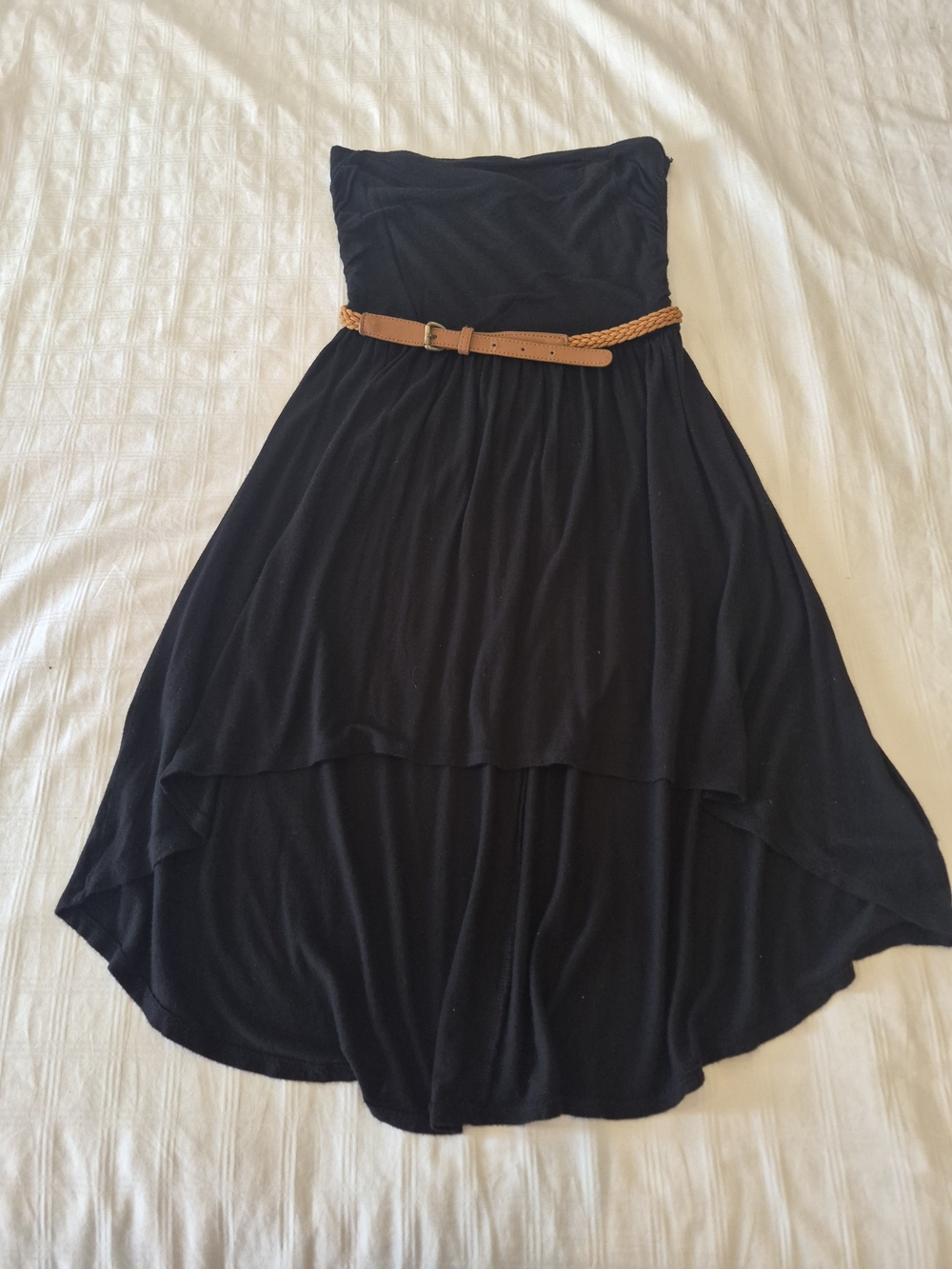 mine Black Strapless High-Low Dress with Tan Braided Belt
